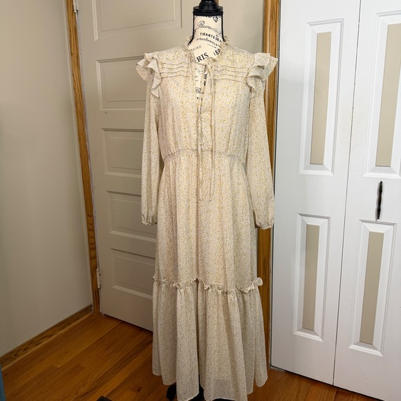 O.P.T. Dresses & Skirts - Whimsical Beige Microfloral Metallic Tiered Ruffled Prairie Maxi Dress LG o.p.t.
